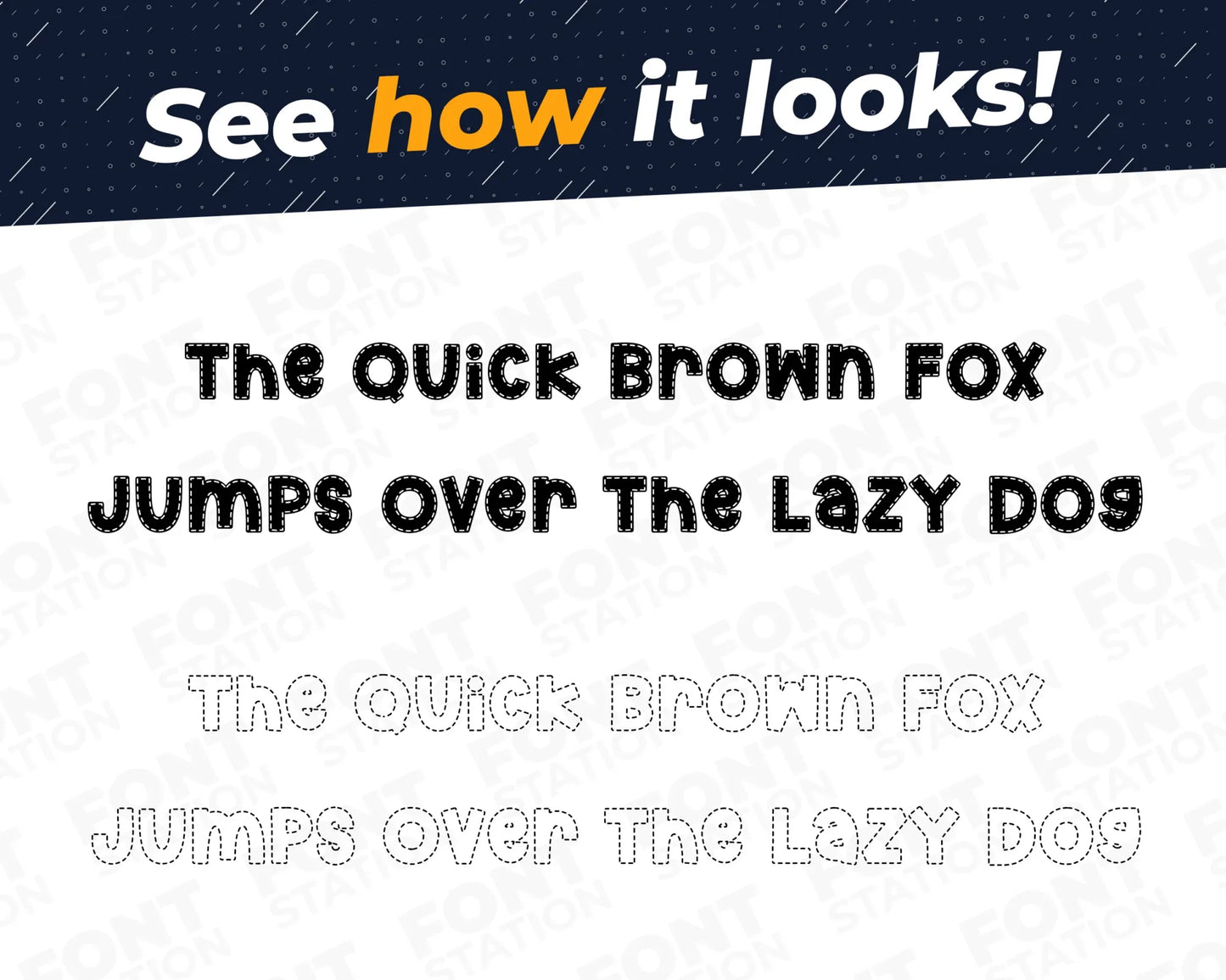 A complete showcase image of the Dashed font, featuring the text 'The quick brown fox jumps over the lazy dog' to display every letter of the alphabet.