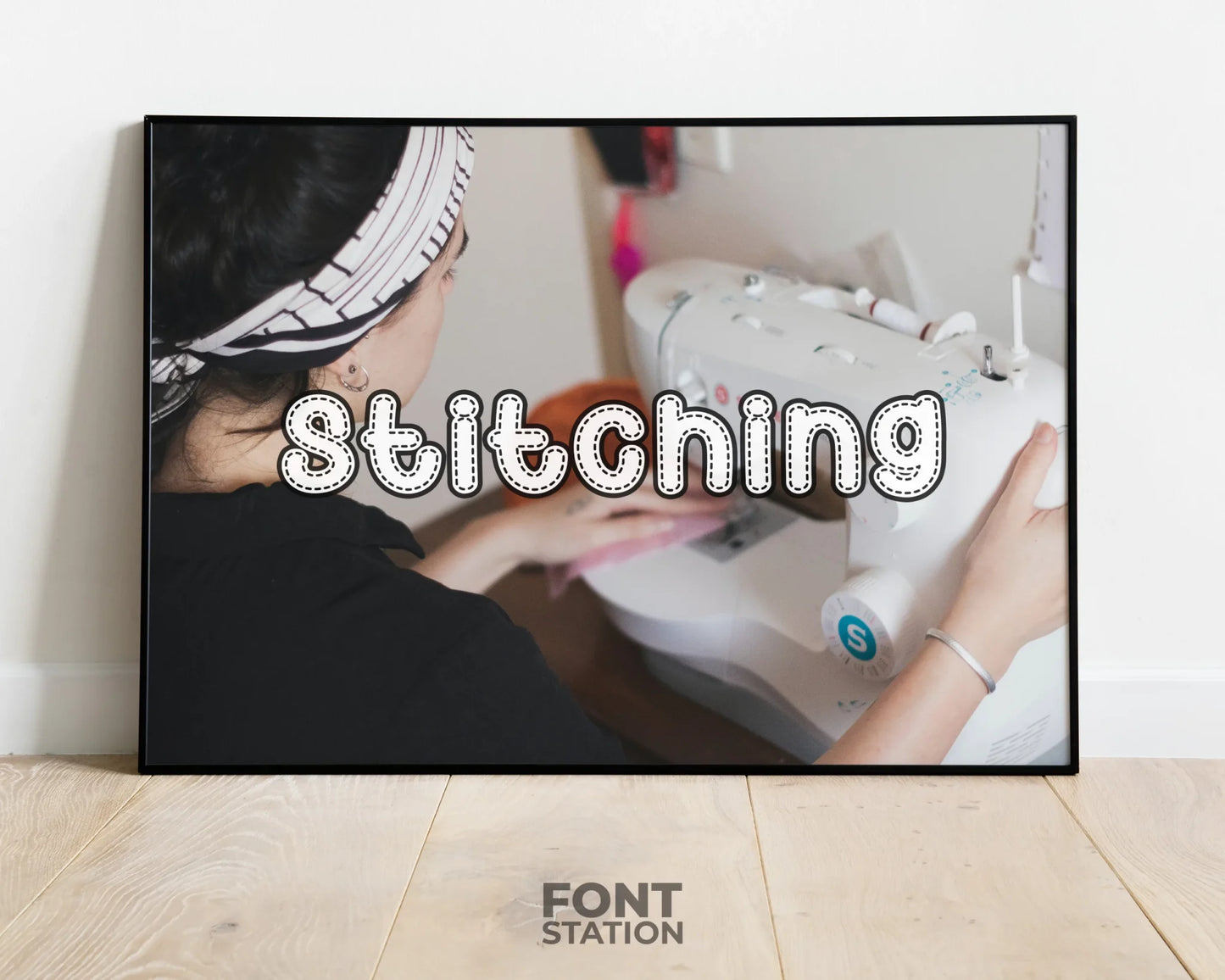 Stitched Font Display on Frame - Typography Presentation