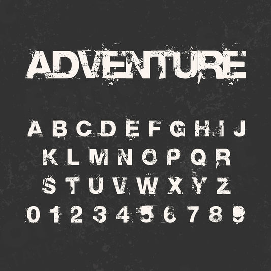 Image showing all characters available in the Adventure font created by FontStation.