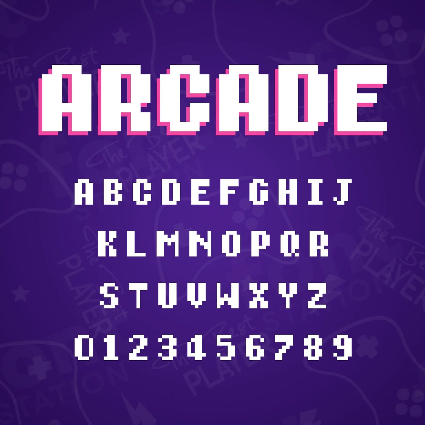 Image showing all characters available in the Arcade Gaming font created by FontStation.