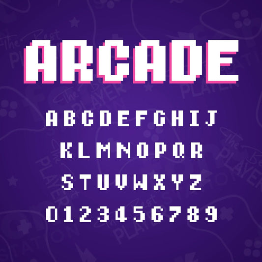 Image showing all characters available in the Arcade Gaming font created by FontStation.
