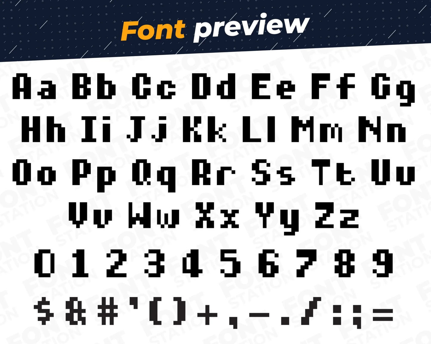 Image showing all characters available in the Arcade Gaming font created by FontStation.