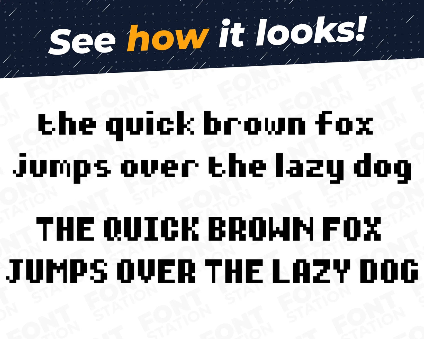 A complete showcase image of the Arcade Gaming font, featuring the text 'The quick brown fox jumps over the lazy dog' to display every letter of the alphabet.