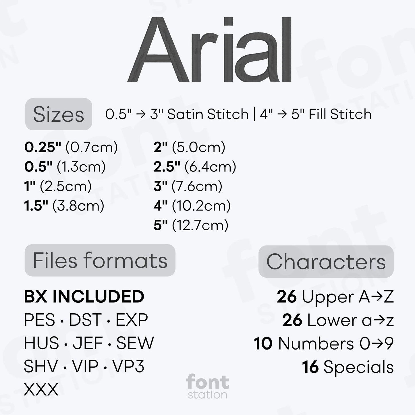 Image showing the different files formats, sizes, stitch type and available characters of the Arial Embroidery Font by FontStation