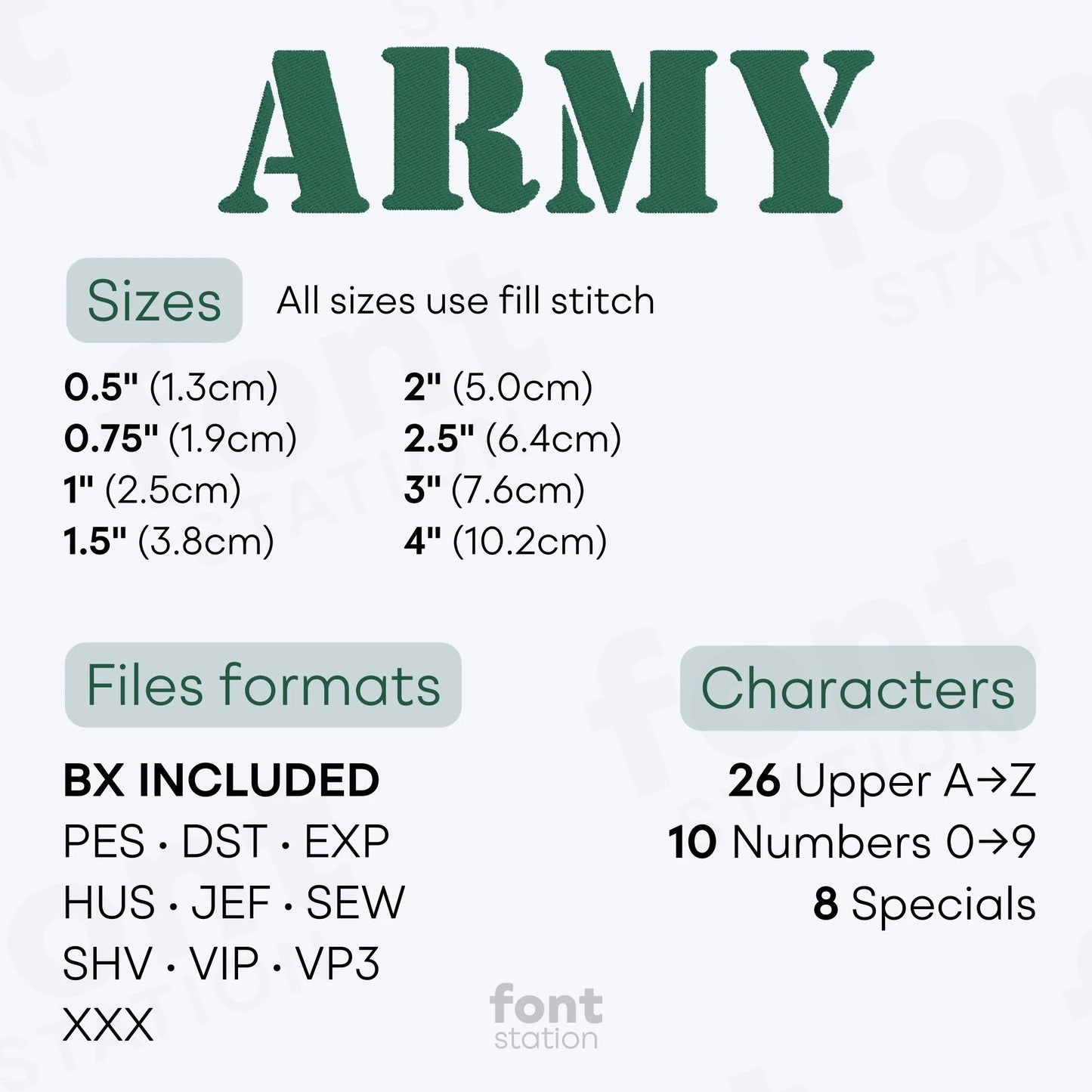 Image showing the different files formats, sizes, stitch type and available characters of the Army Embroidery Font by FontStation