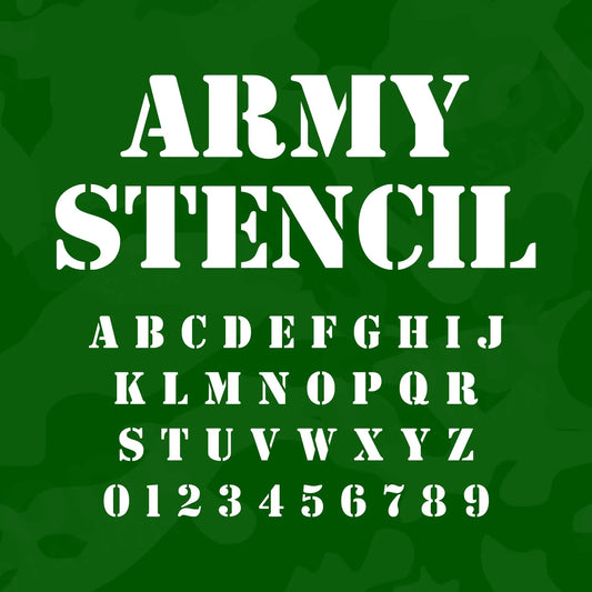 Image showing all characters available in the Army Stencil font created by FontStation.