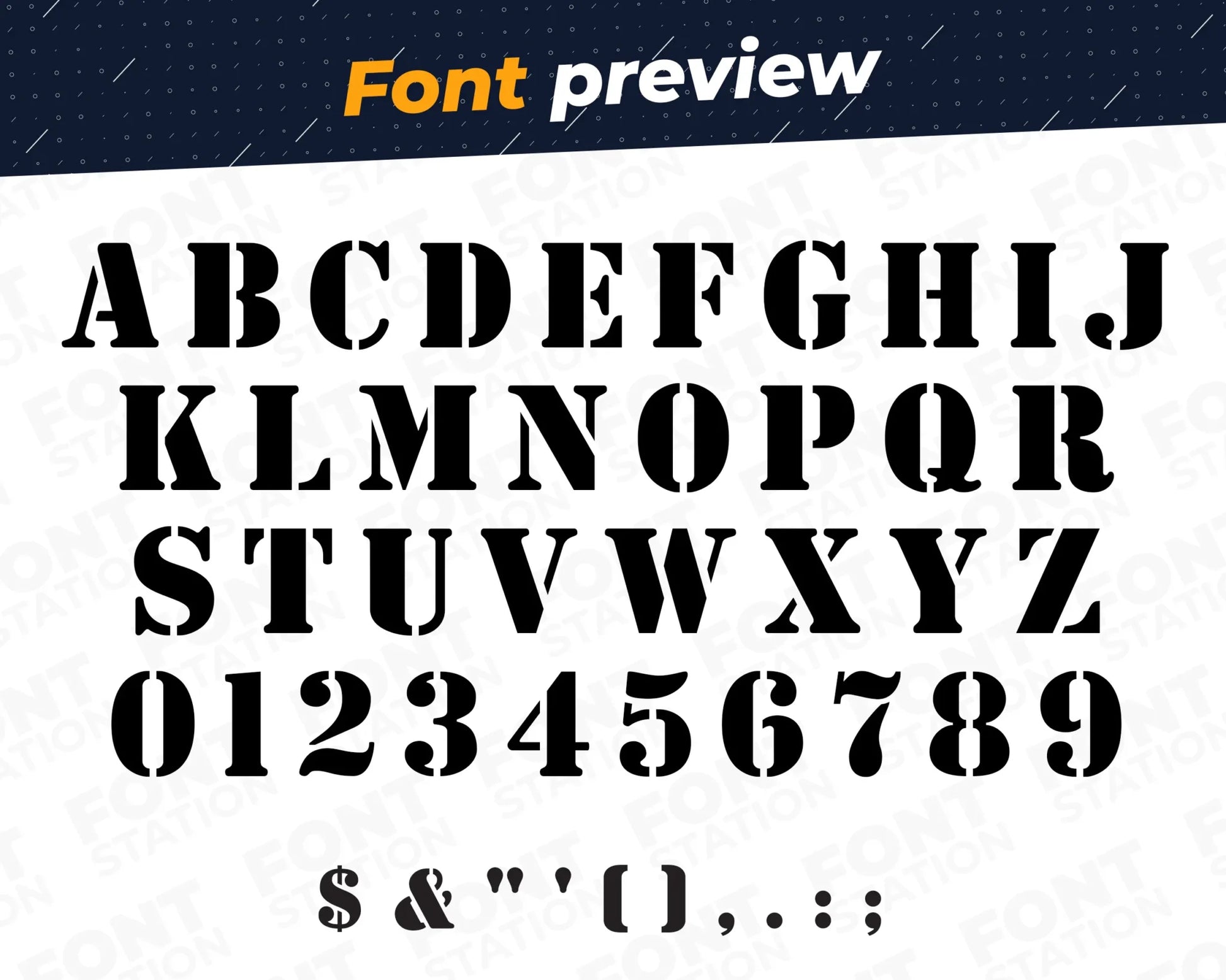 Image showing all characters available in the Army Stencil font created by FontStation.