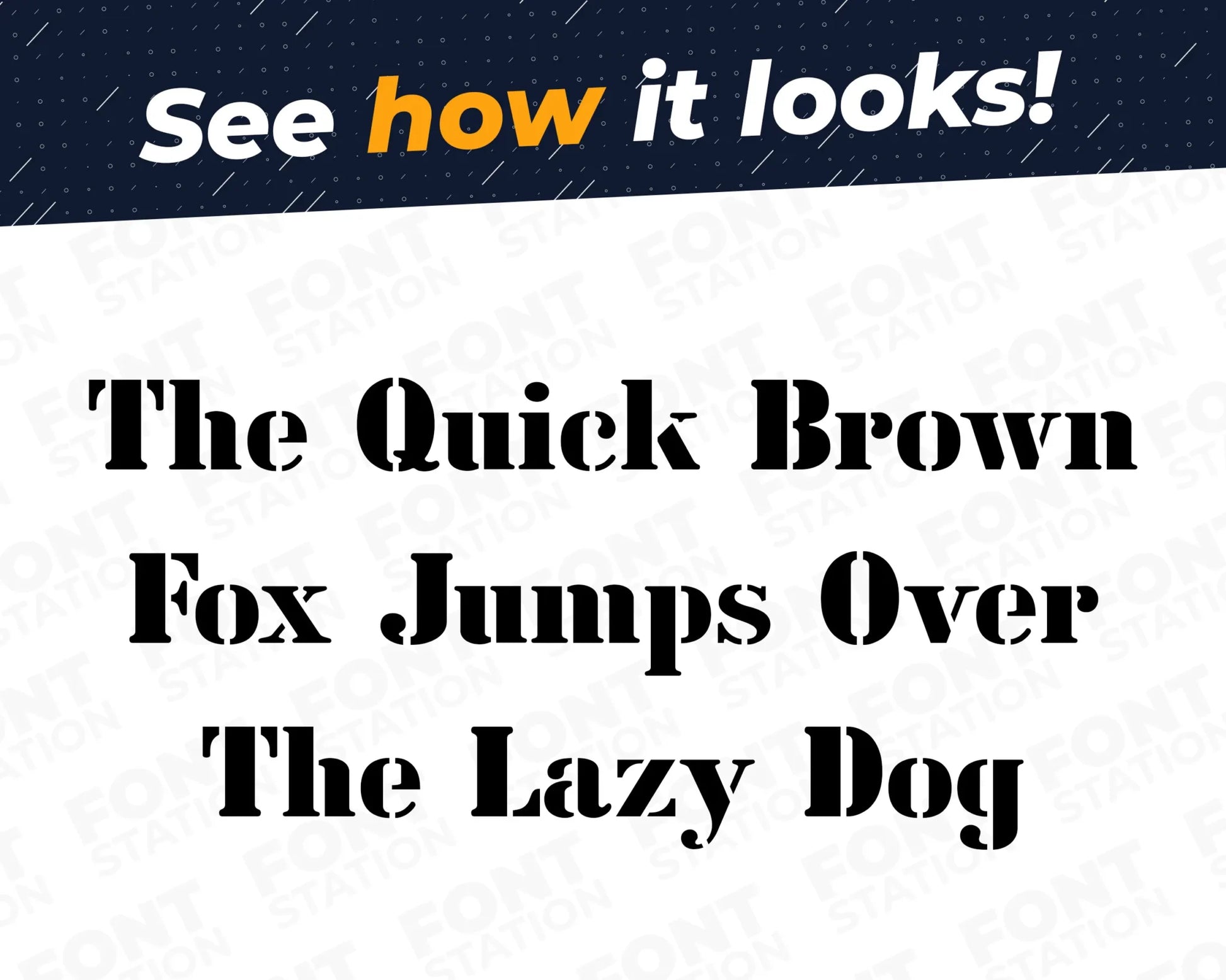 A complete showcase image of the Army Stencil font, featuring the text 'The quick brown fox jumps over the lazy dog' to display every letter of the alphabet.