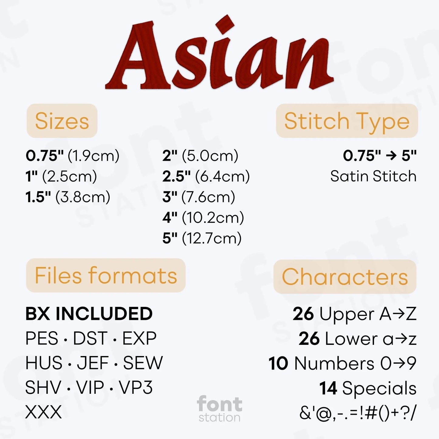 Image showing the different files formats, sizes, stitch type and available characters of the Asian Embroidery Font by FontStation