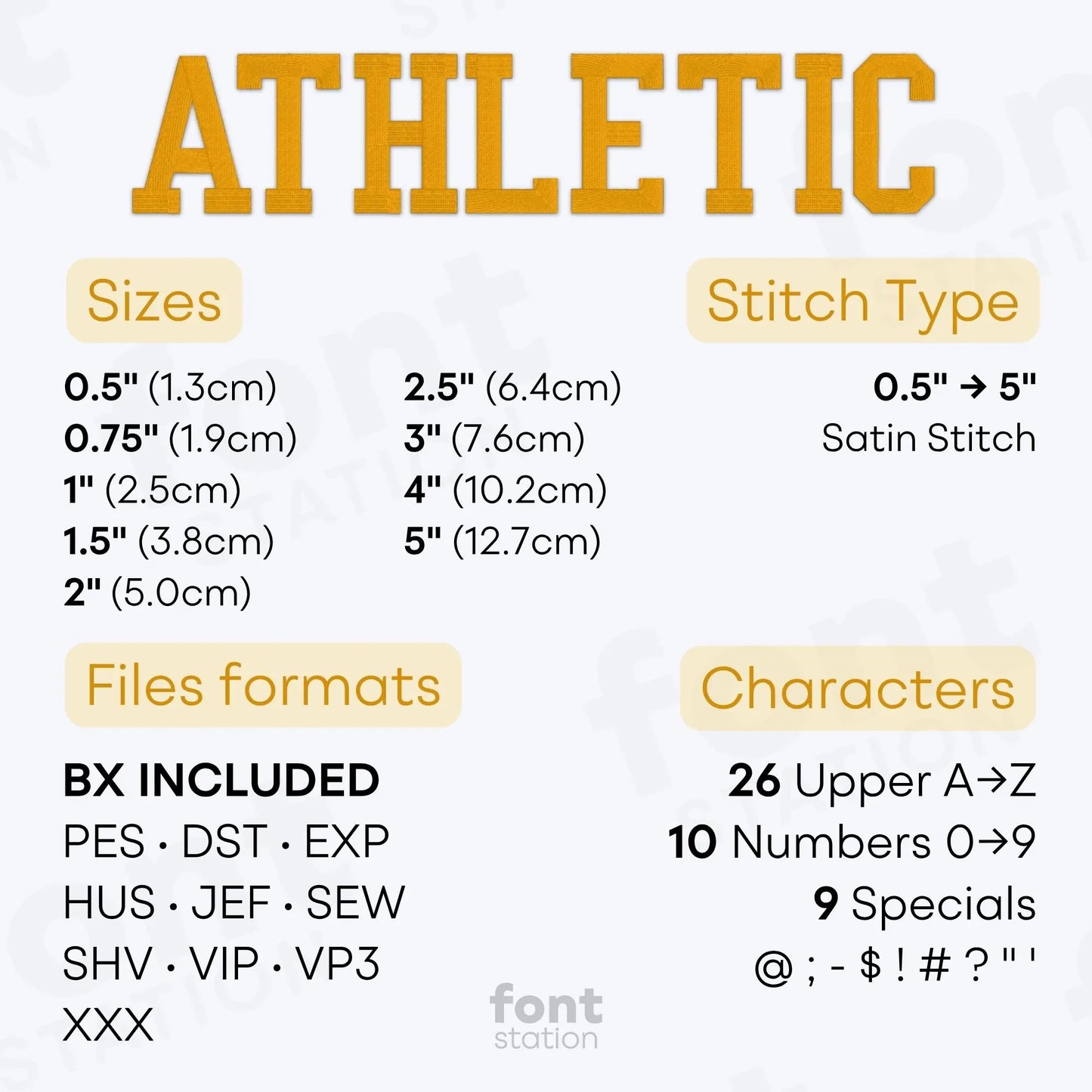 Image showing the different files formats, sizes, stitch type and available characters of the Athletic Embroidery Font by FontStation