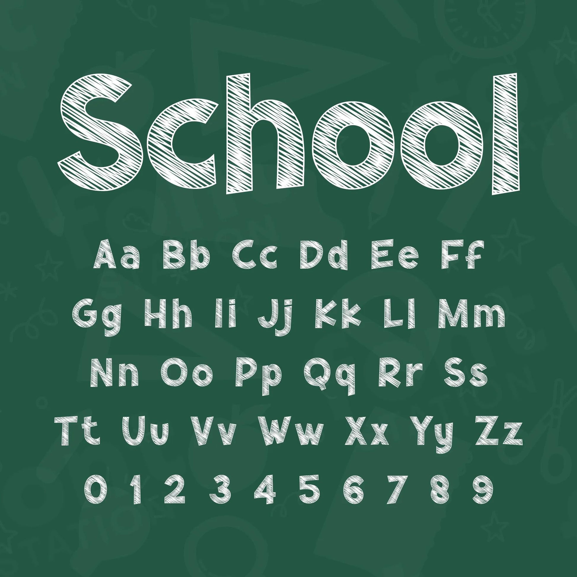 Image showing all characters available in the Back To School font created by FontStation.
