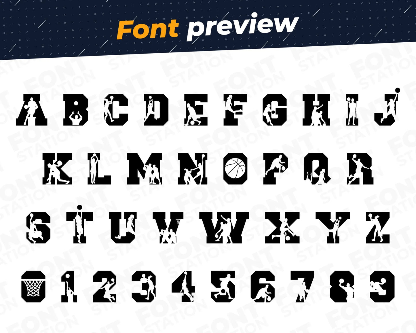 Image showing all characters available in the Basketball font created by FontStation.