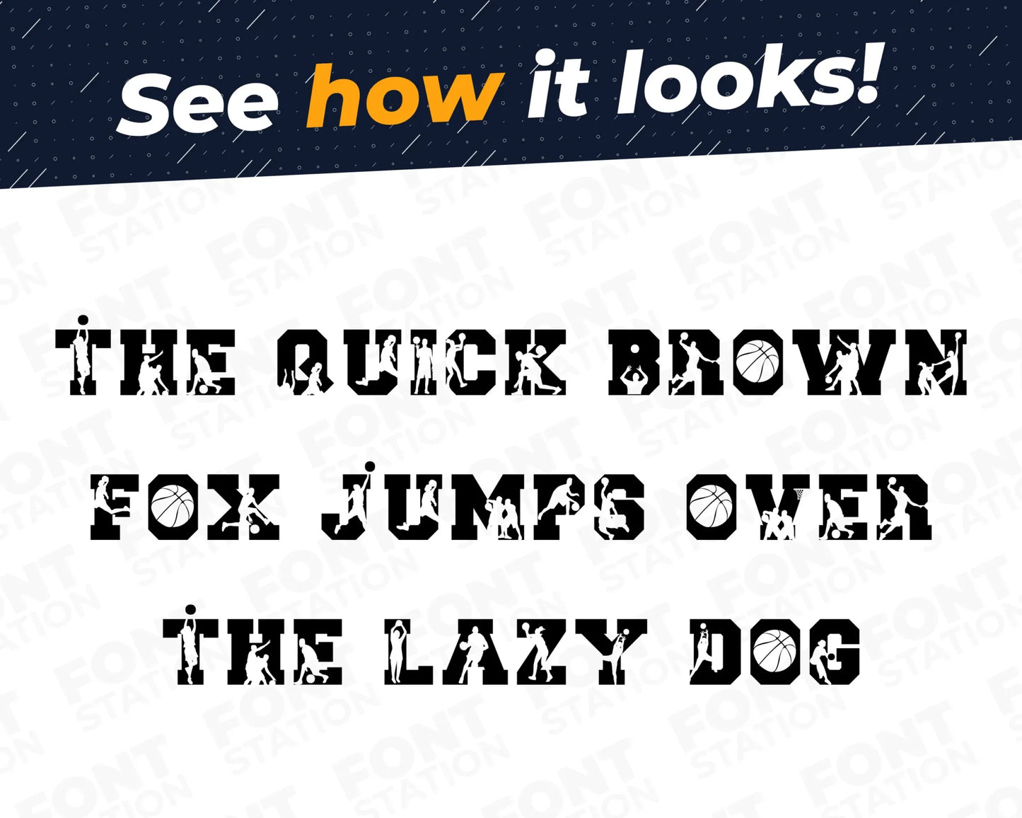 A complete showcase image of the Basketball font, featuring the text 'The quick brown fox jumps over the lazy dog' to display every letter of the alphabet.