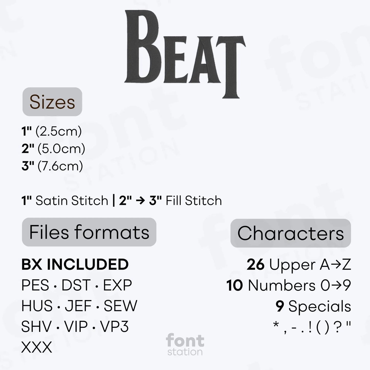 Image showing the different files formats, sizes, stitch type and available characters of the Beatles Embroidery Font by FontStation