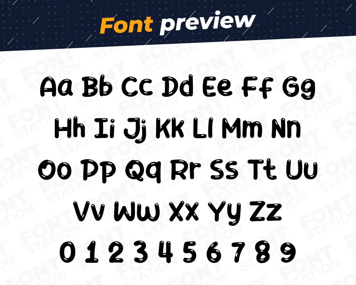 Image showing all characters available in the Birthday Party font created by FontStation.