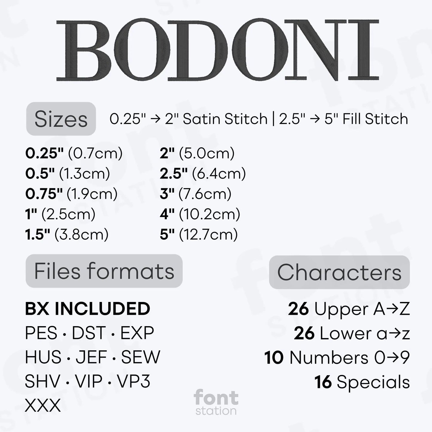 Image showing formats and sizes of the Bodoni embroidery font created by FontStation