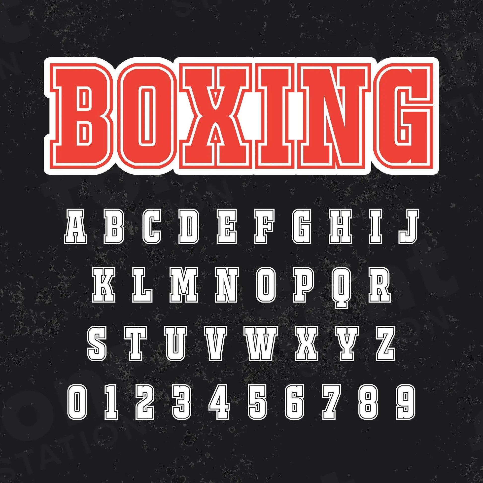 Image showing all characters available in the Boxing font created by FontStation.