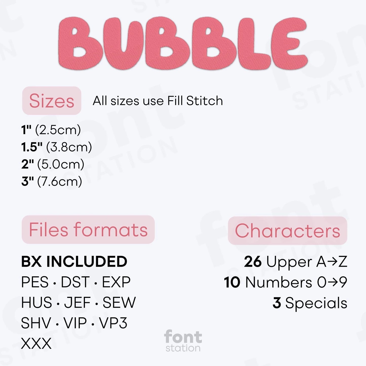 Image showing the different files formats, sizes, stitch type and available characters of the Bubble Embroidery Font by FontStation