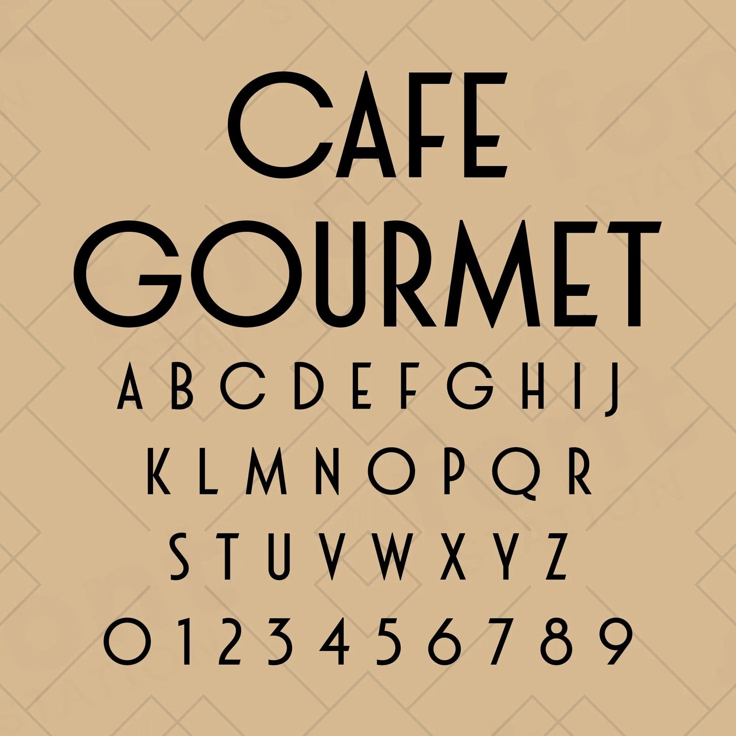 Image showing all characters available in the Cafe Gourmet font created by FontStation.