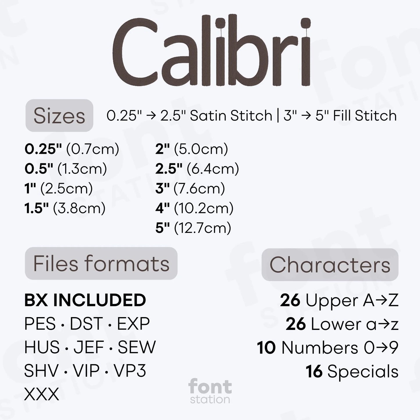 Image showing the different files formats, sizes, stitch type and available characters of the Calibri Embroidery Font by FontStation