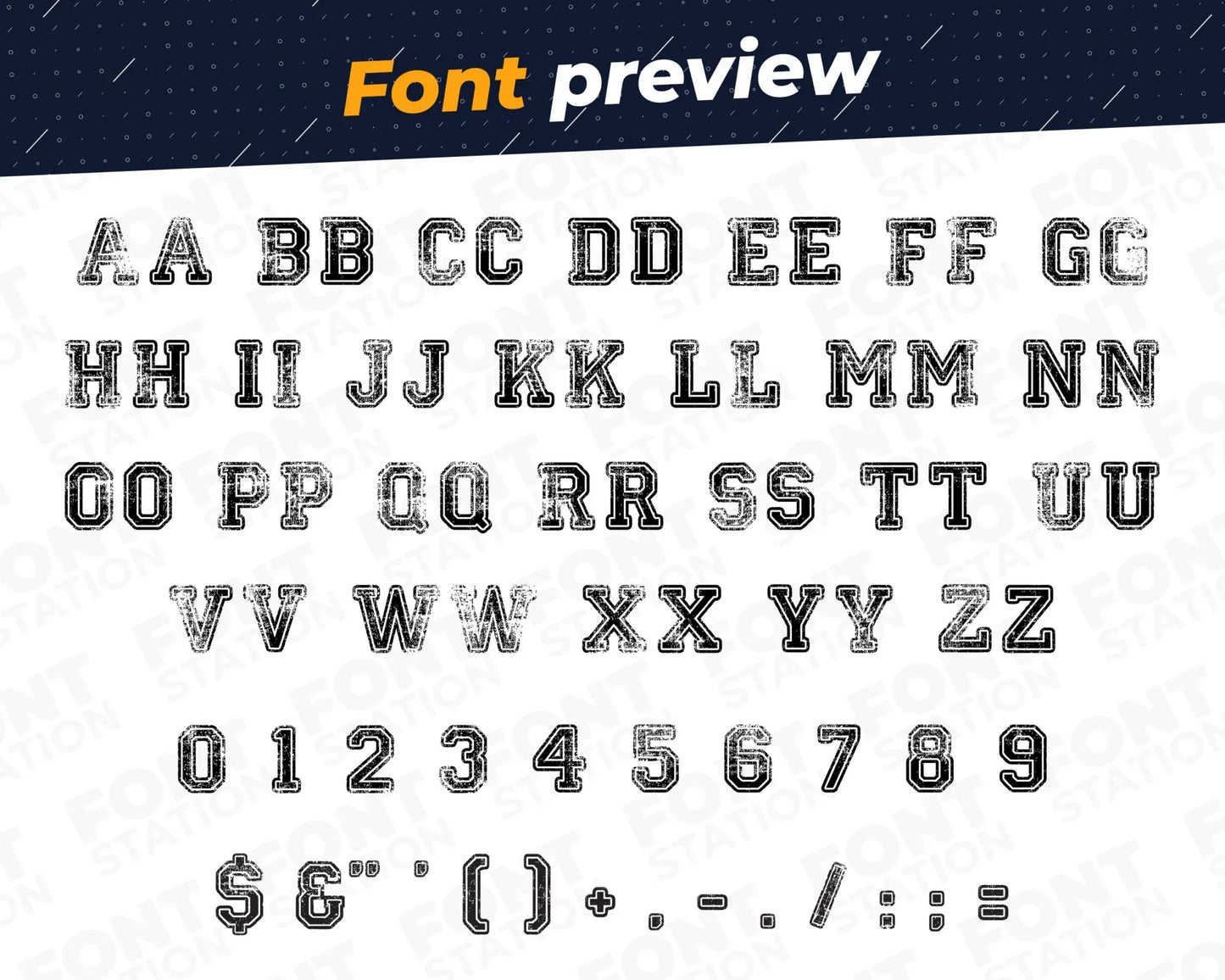 Image showing all characters available in the Campus Distressed font created by FontStation.