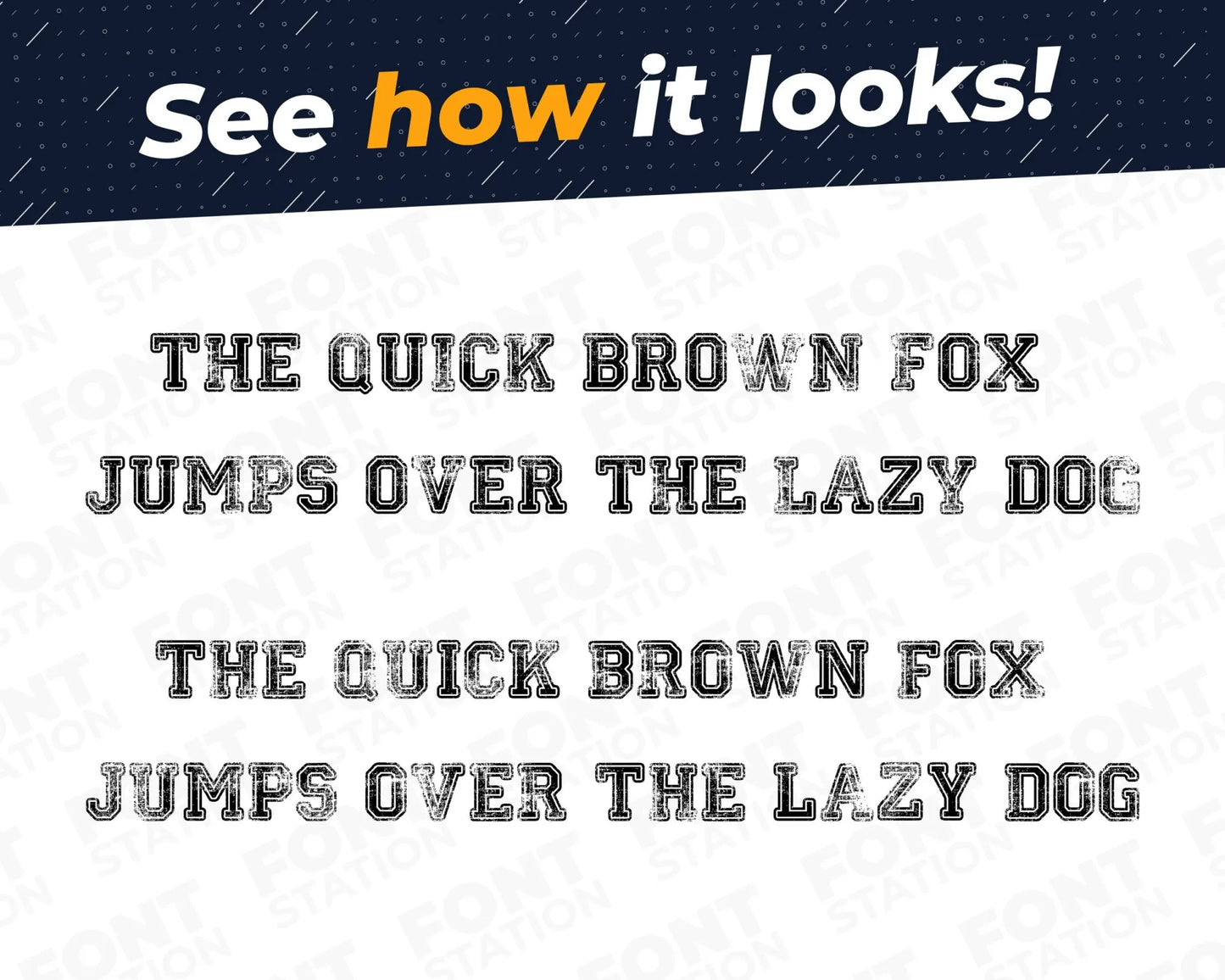 A complete showcase image of the Campus Distressed font, featuring the text 'The quick brown fox jumps over the lazy dog' to display every letter of the alphabet.