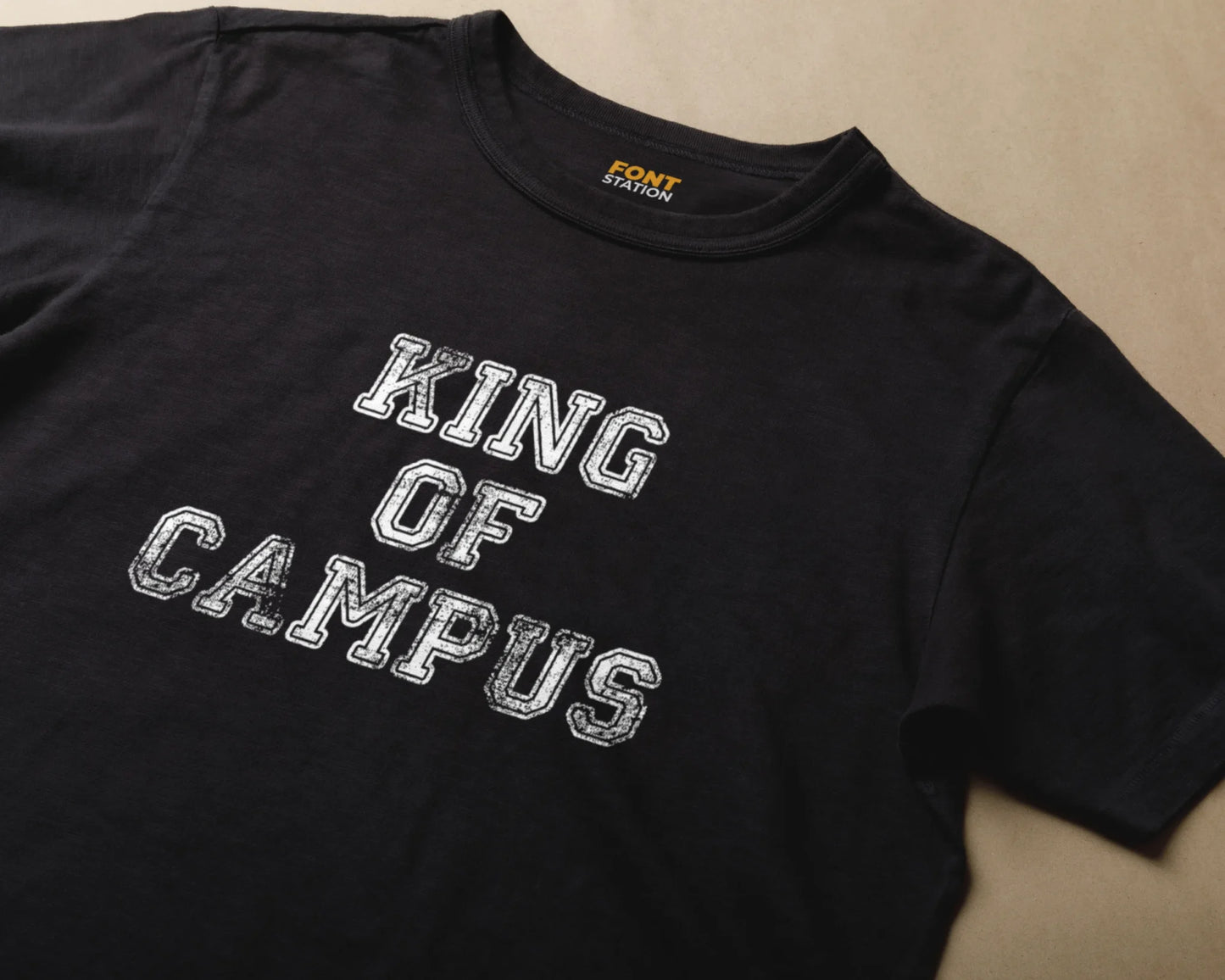 Sublimated T-Shirt with Campus Distressed Font Typography - Fashionable Apparel Displaying Stylish Lettering