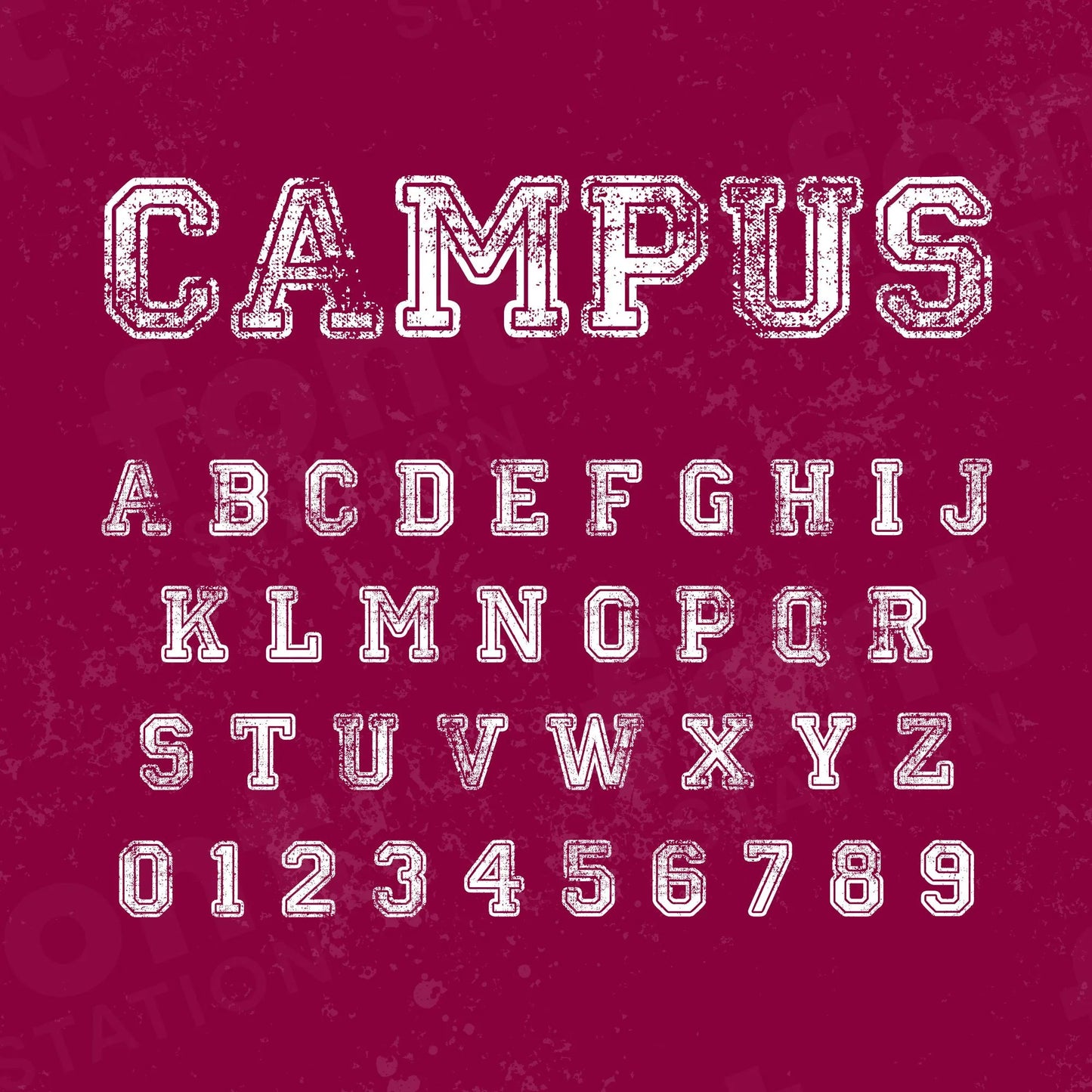 Image showing all characters available in the Campus Distressed font created by FontStation.