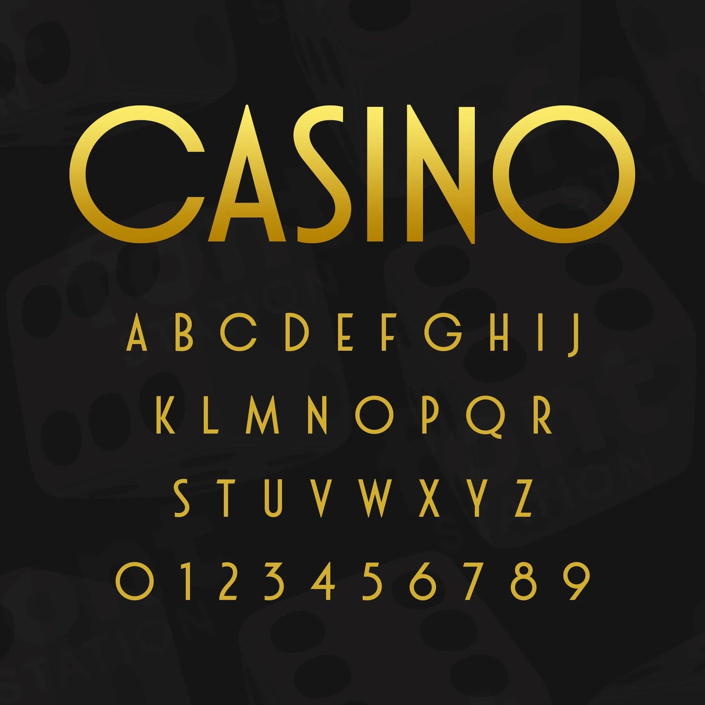 Image showing all characters available in the Casino VIP font created by FontStation.