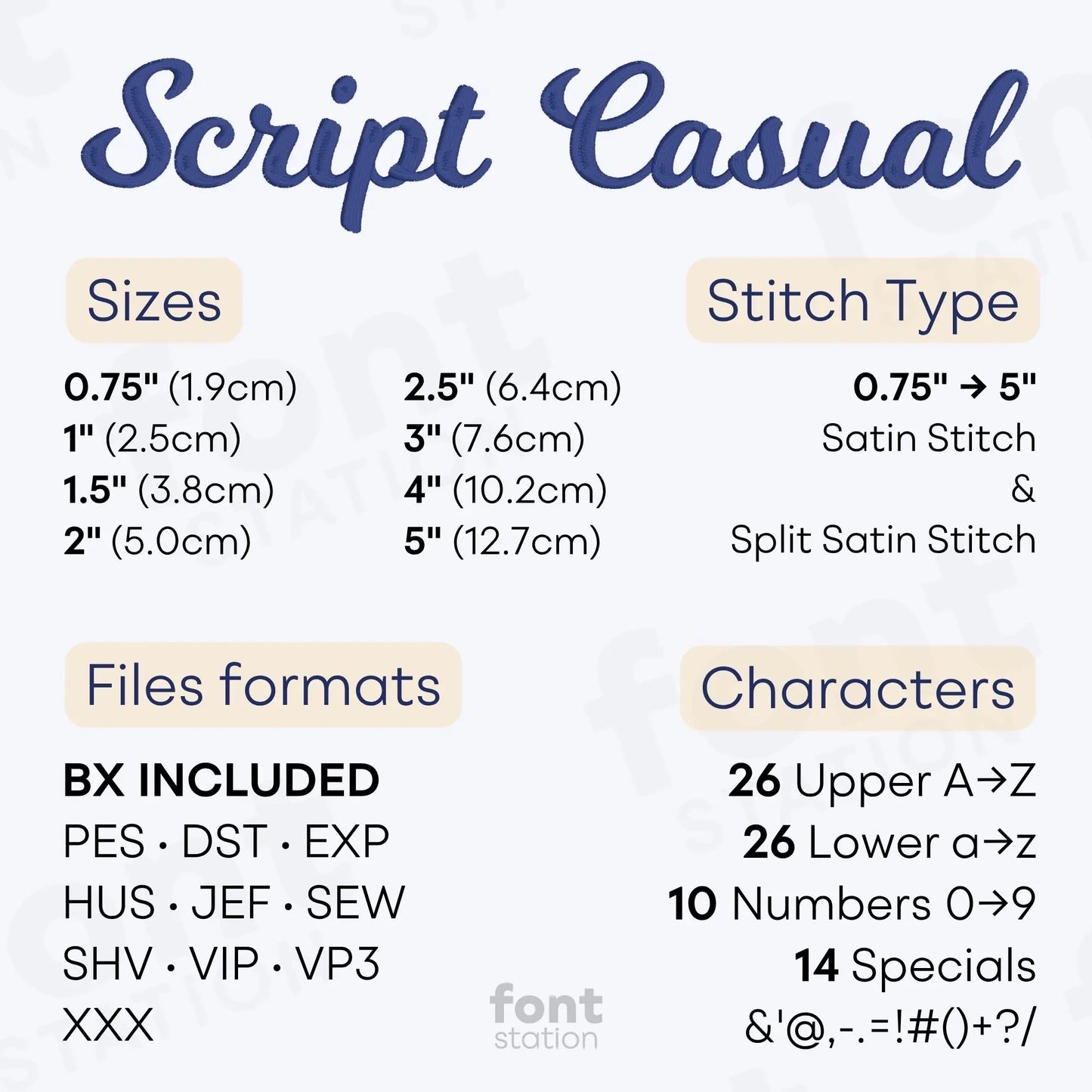 Image showing formats and sizes of the Casual Script embroidery font created by FontStation