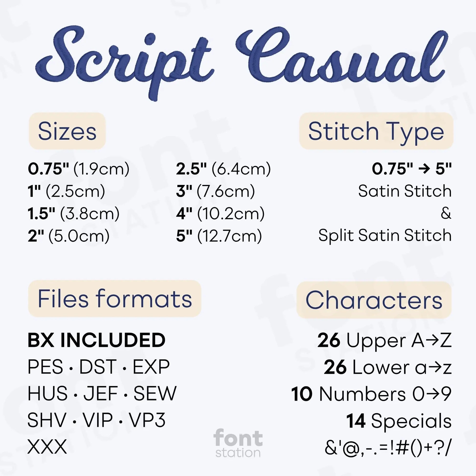Image showing formats and sizes of the Casual Script embroidery font created by FontStation