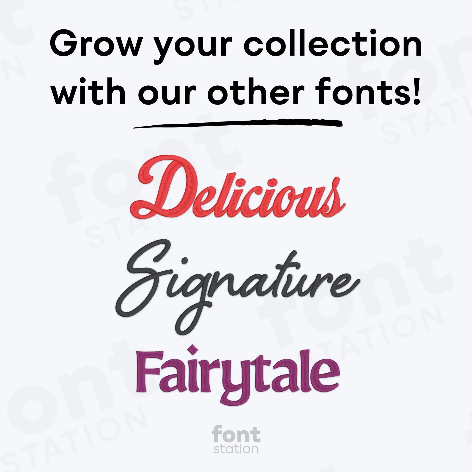 Promotional graphic for fonts with 'Delicious', 'Signature', and 'Fairytale' text styles on a white background.