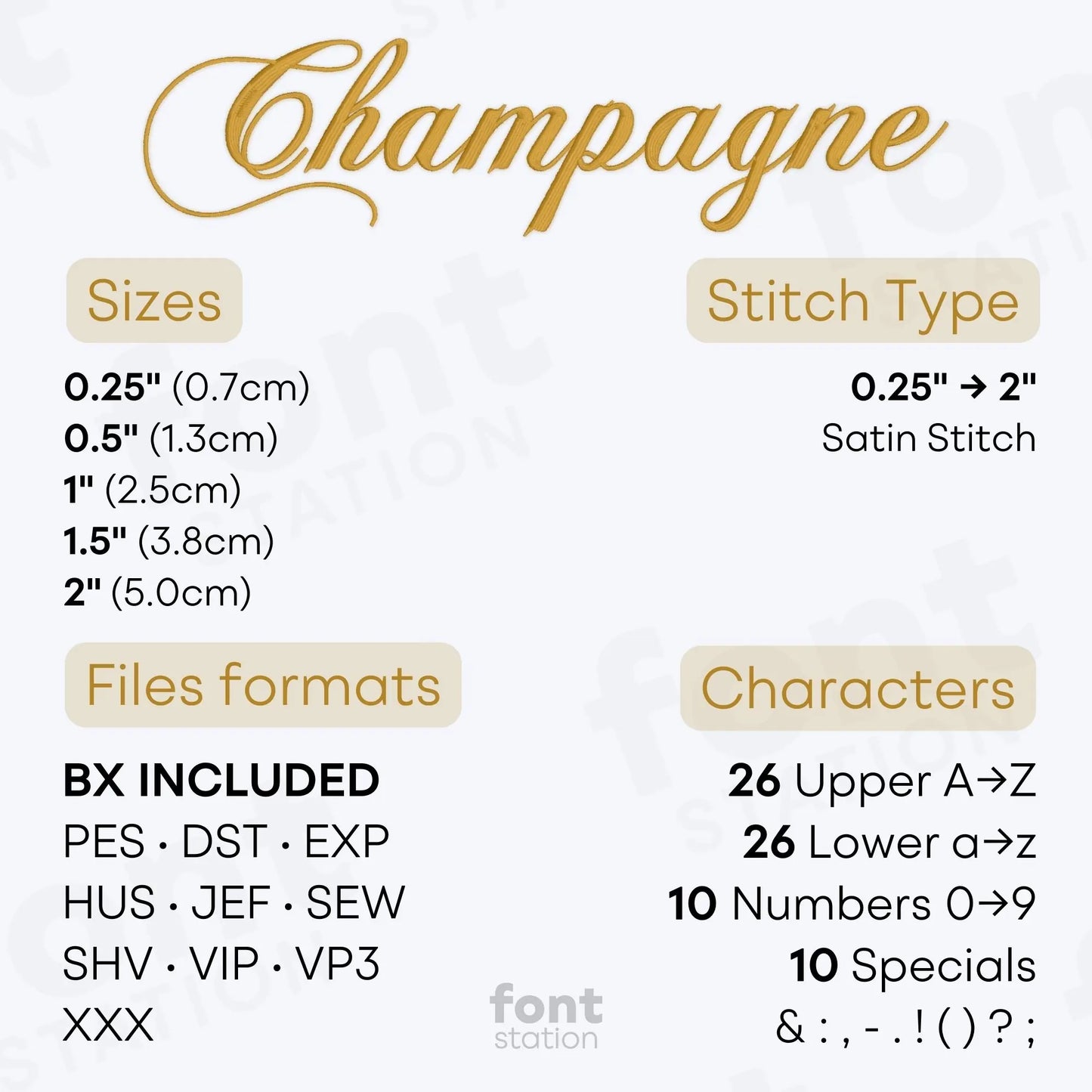 Image showing the different files formats, sizes, stitch type and available characters of the Champagne Embroidery Font by FontStation