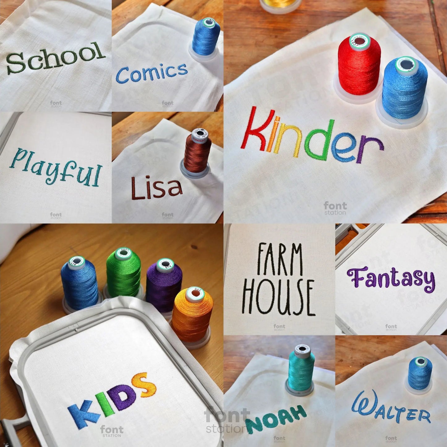 Image showing a word embroidered on textile using the Children embroidery font bundle created by FontStation