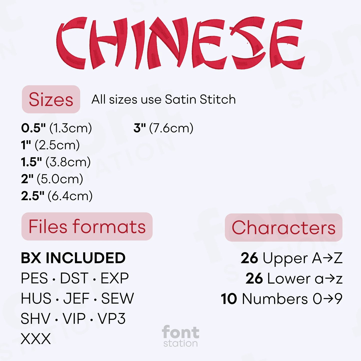 Image showing the different files formats, sizes, stitch type and available characters of the Chinese Embroidery Font by FontStation