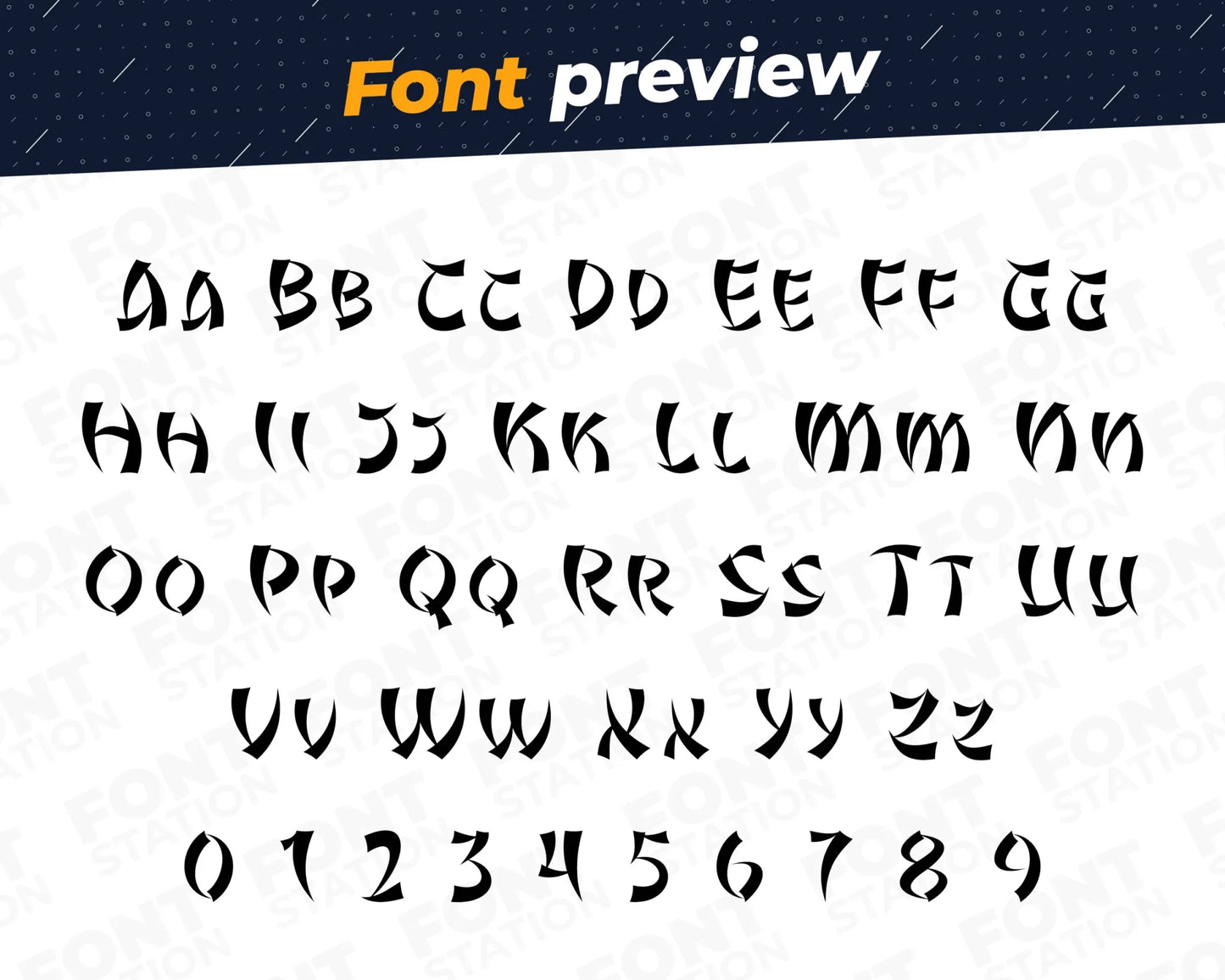 Image showing all characters available in the Chinese New Year font created by FontStation.