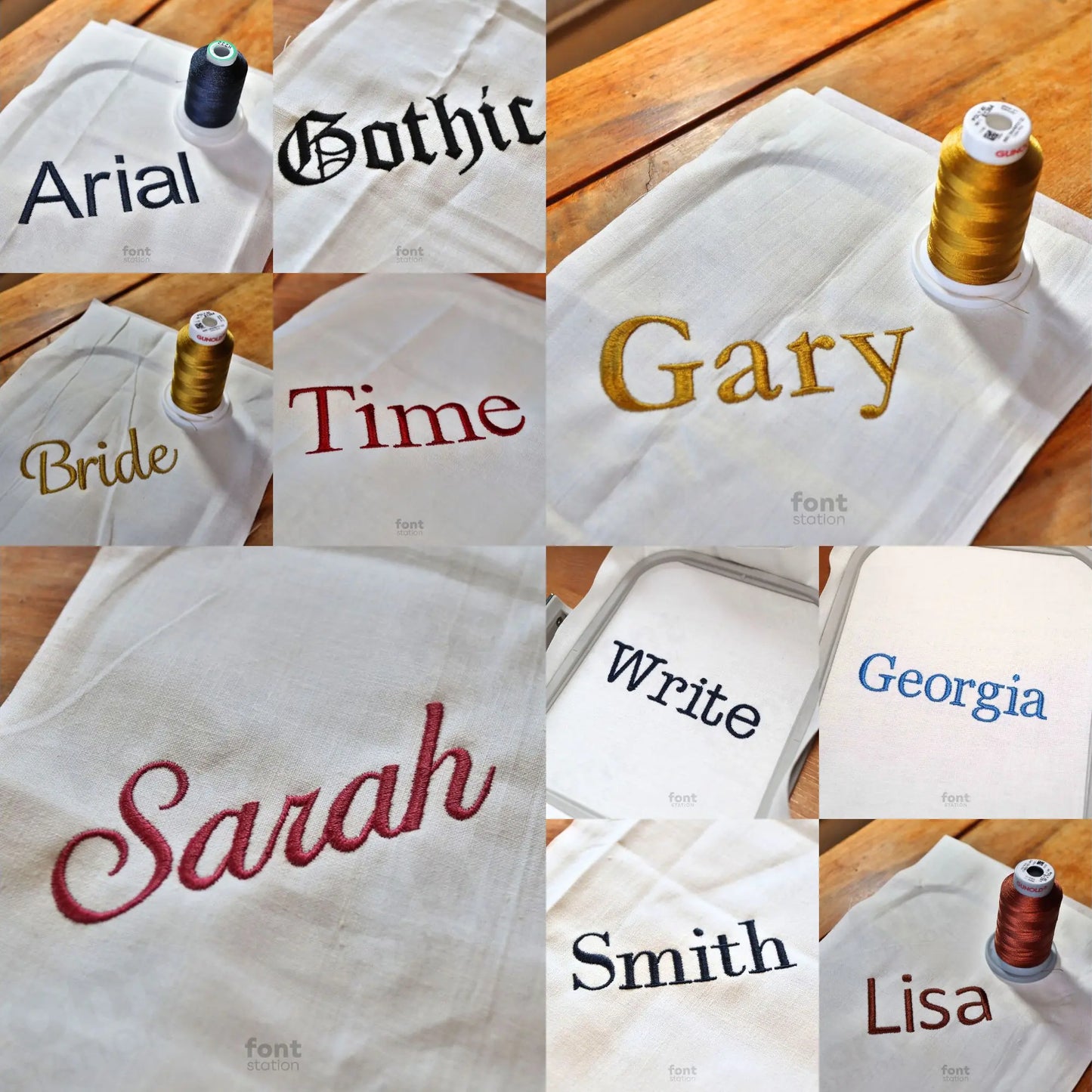 Image showing a word embroidered on textile using the Classic embroidery fonts bundle created by FontStation