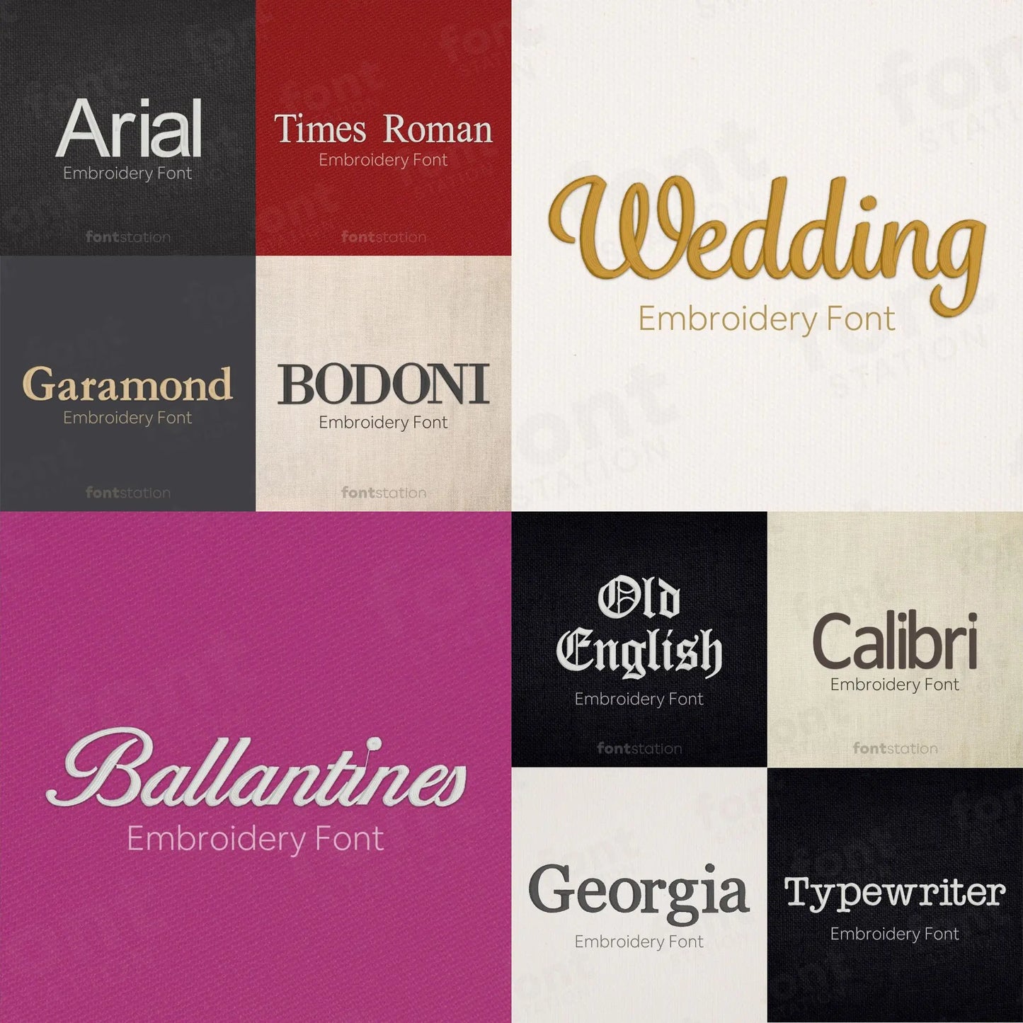 Collection of various embroidery fonts displayed in a grid.