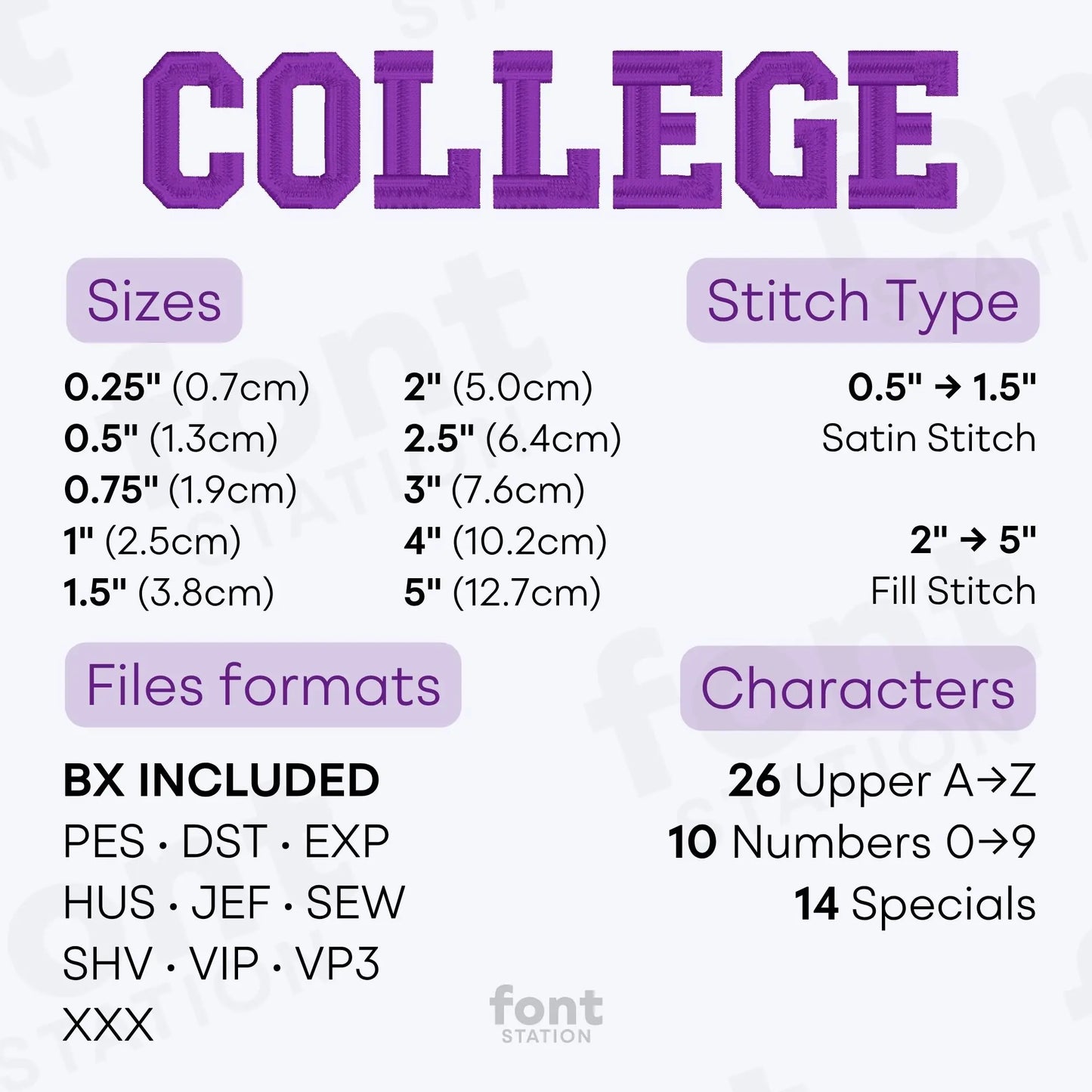 Image showing the different files formats, sizes, stitch type and available characters of the College Embroidery Font by FontStation