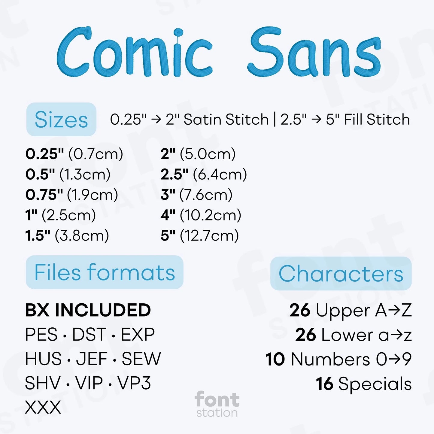 Image showing the different files formats, sizes, stitch type and available characters of the Comic Sans Embroidery Font by FontStation