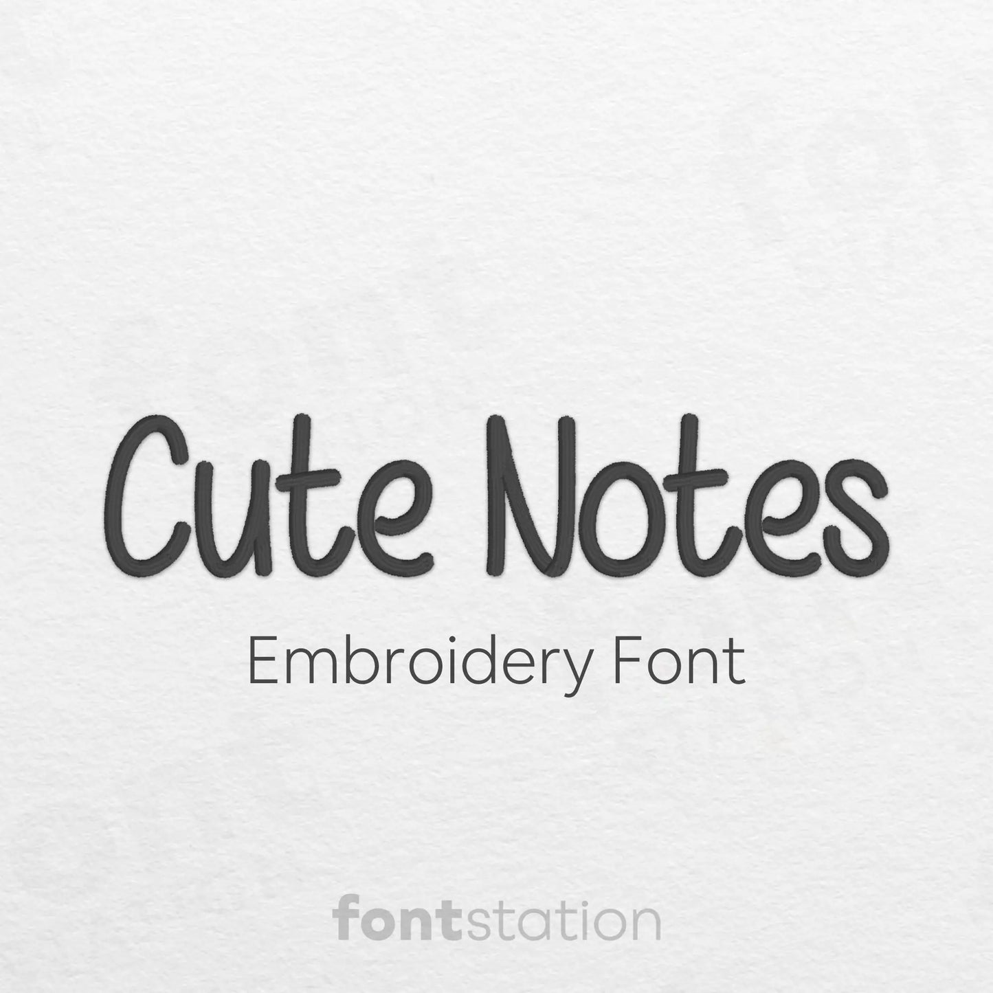 Text 'Cute Notes Embroidery Font' on a light gray background with 'fontstation' branding.