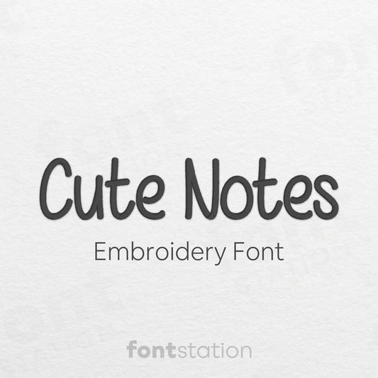 Text 'Cute Notes Embroidery Font' on a light gray background with 'fontstation' branding.