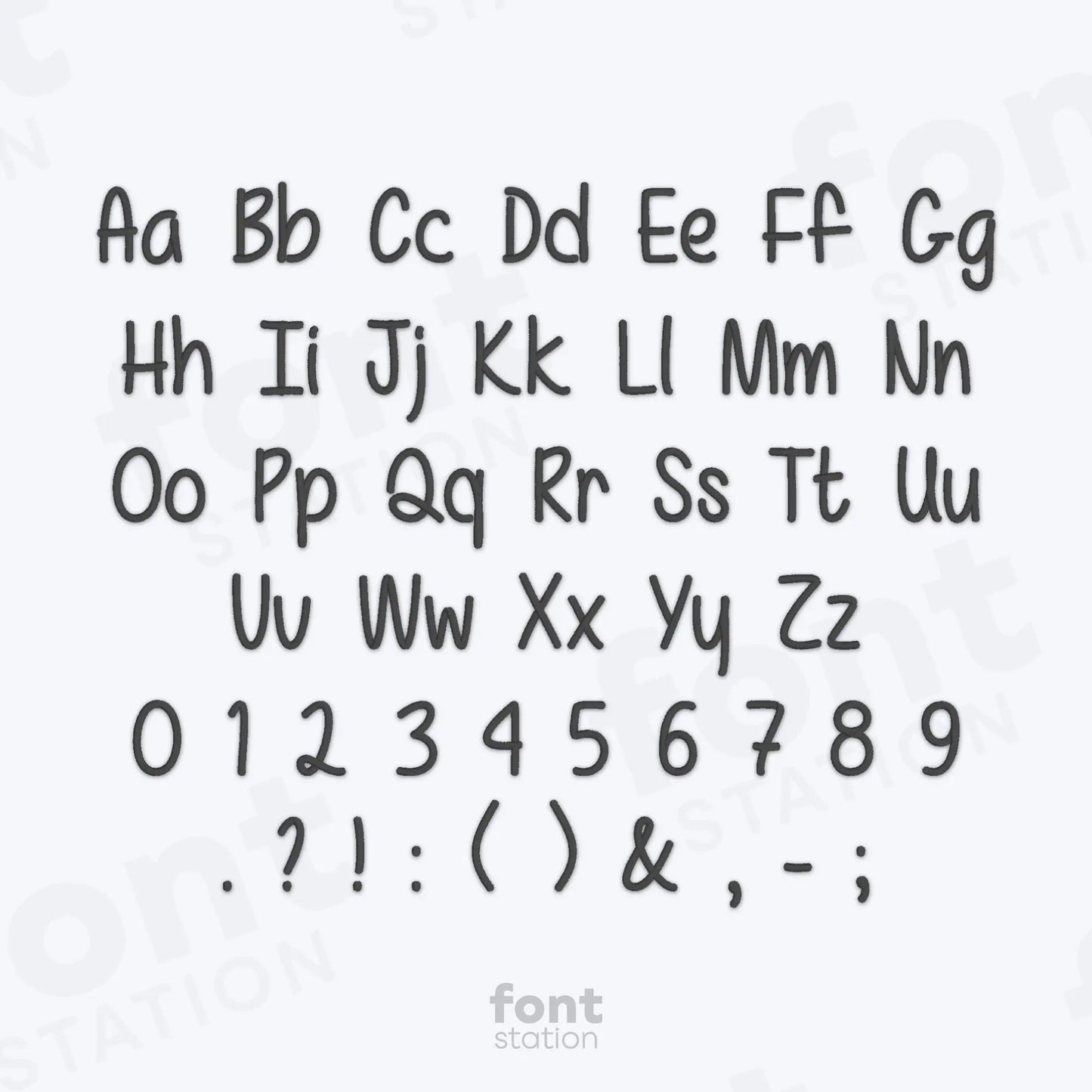 Alphabet and numbers in a handwritten style using the Cute Notes Embroidery Font on a white background