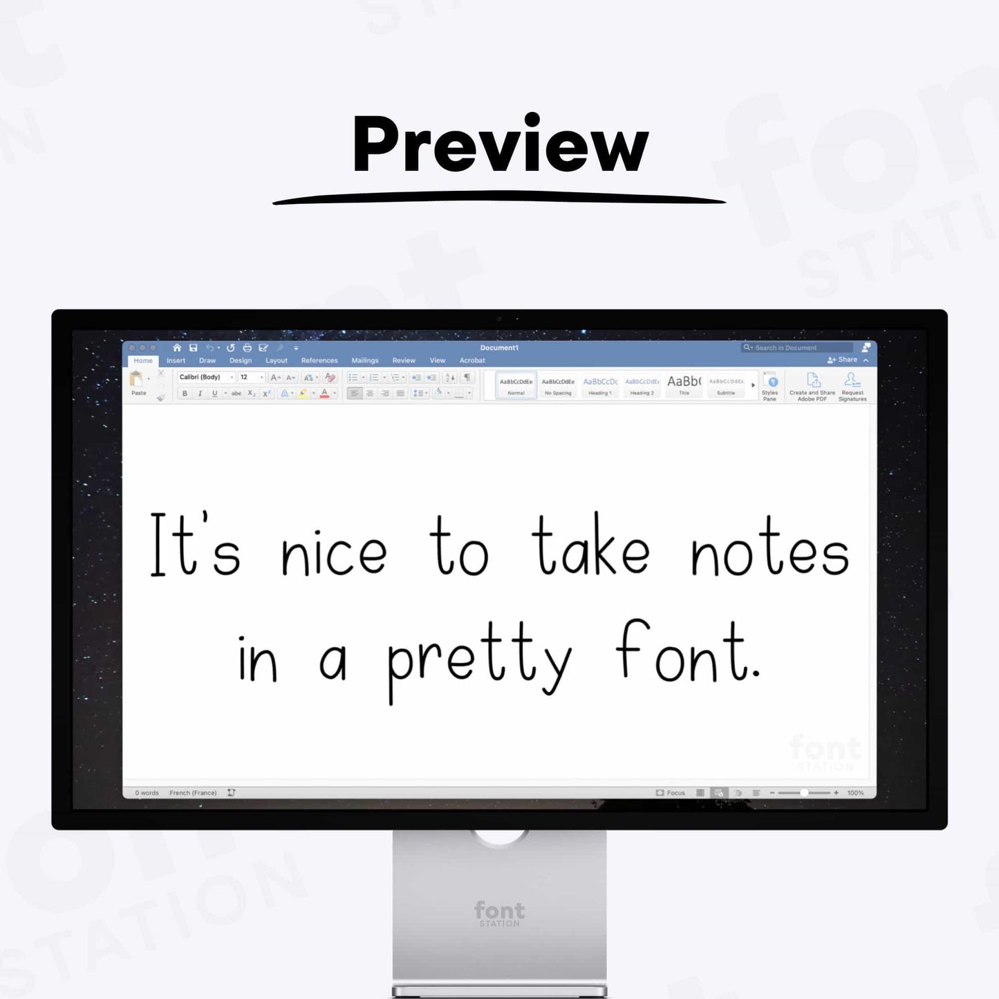A complete showcase image of the cute notes font, featuring the text 'It's nice to take notes in a pretty font' to display every letter of the alphabet.