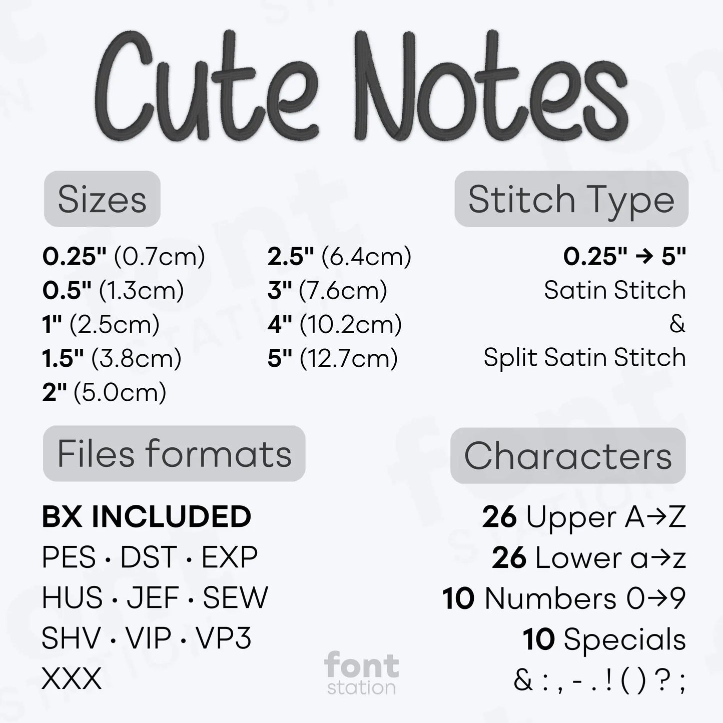 Technical specifications for a font named 'Cute Notes Embroidery Font' including sizes, stitch type, files formats, and characters.