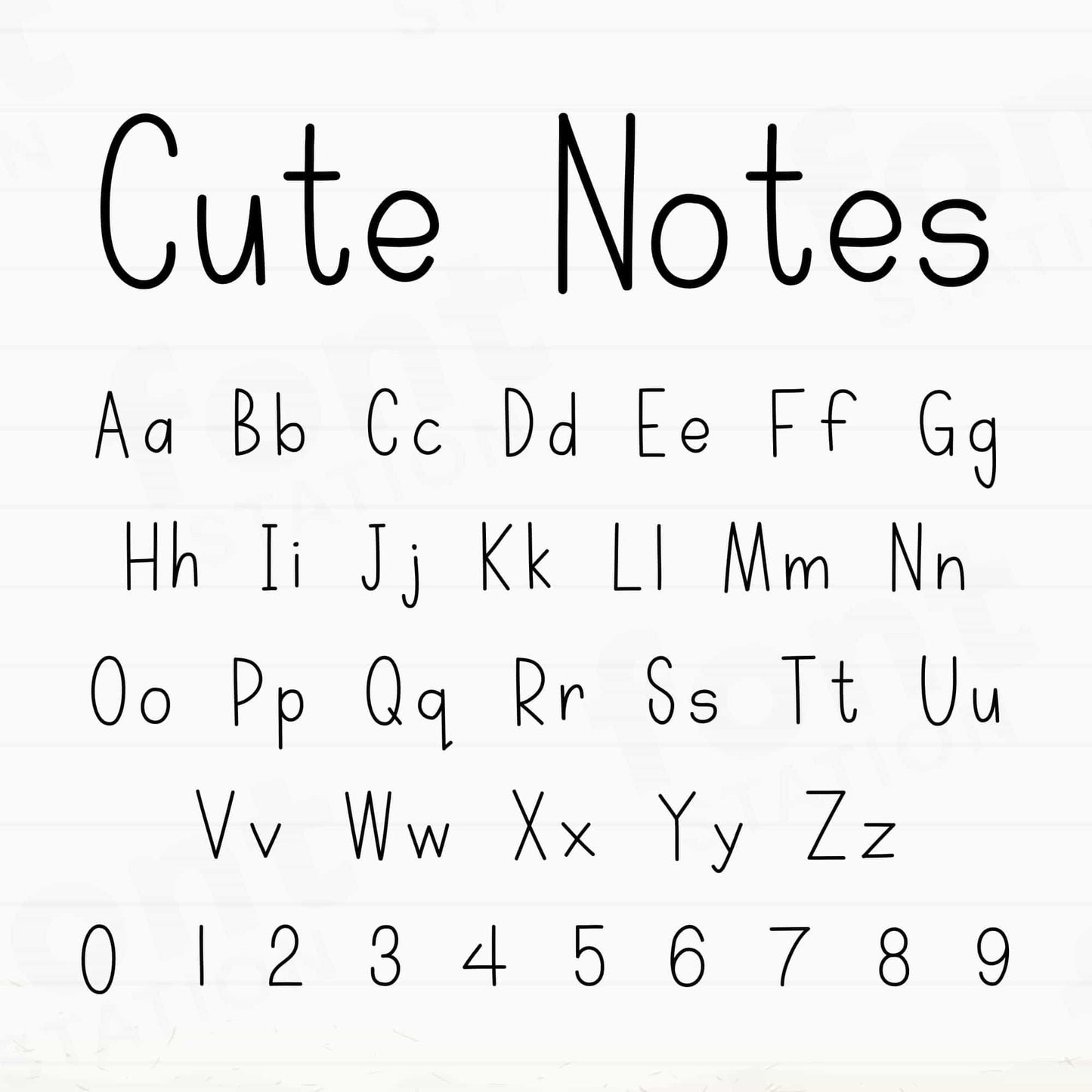 Image showing all characters available in the Cute Notes font created by FontStation.