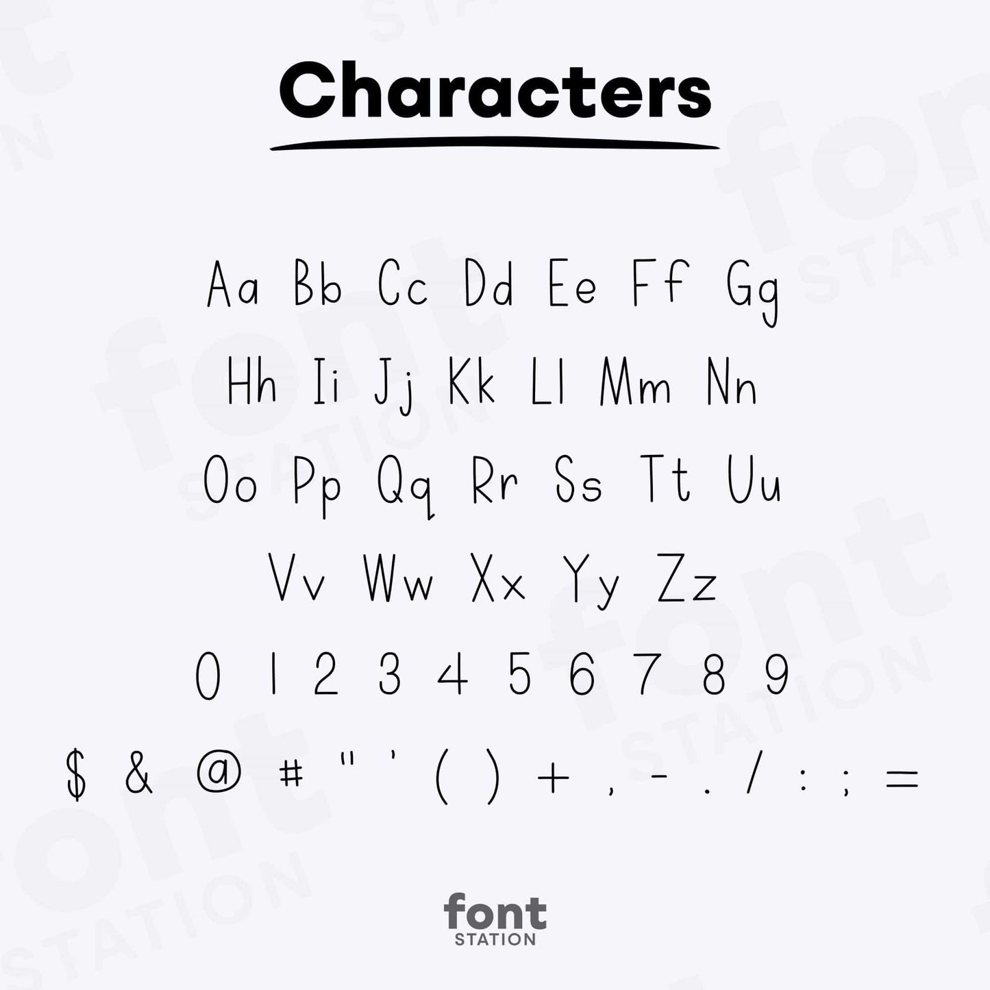 Image showing all characters available in the Cute Notes font created by FontStation.