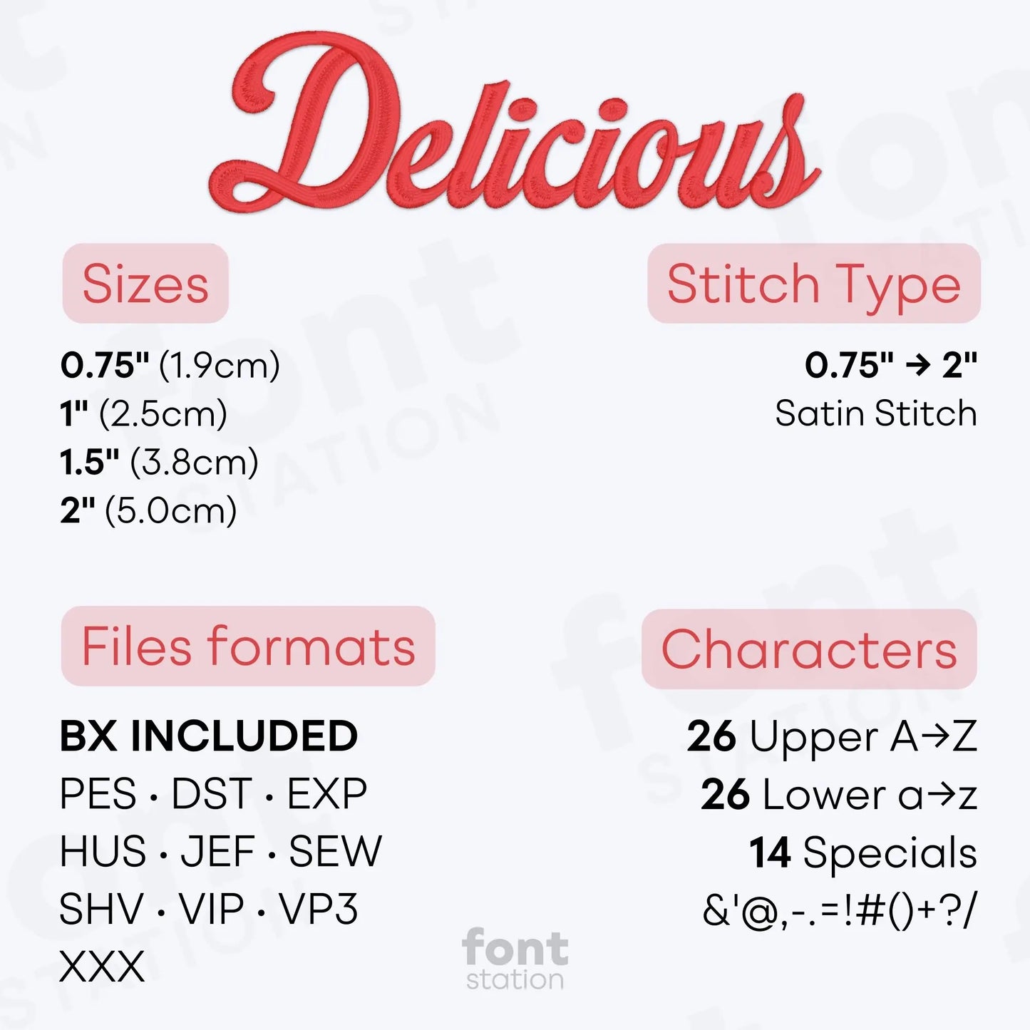 Image showing the different files formats, sizes, stitch type and available characters of the Delicious Embroidery Font by FontStation