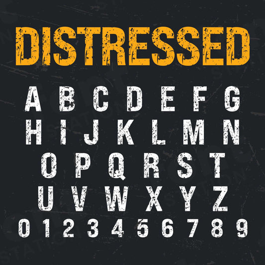 Image showing all characters available in the Distressed font created by FontStation.