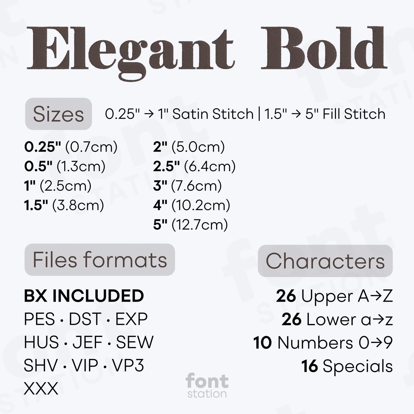 Image showing the different files formats, sizes, stitch type and available characters of the Elegant Bold Embroidery Font by FontStation